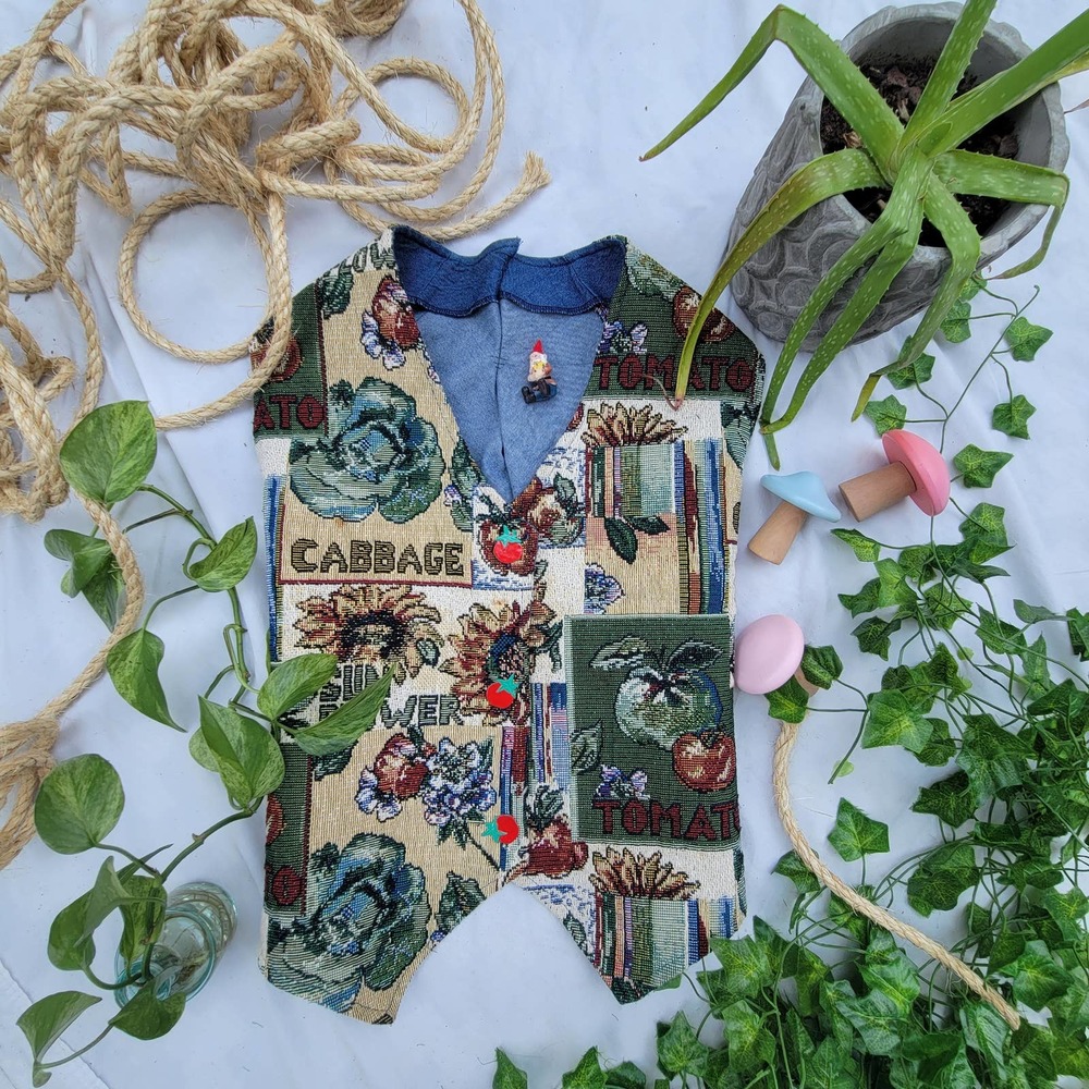 Unfinished DIY Cottagecore Garden Gnome Fairy Tomato Button Canvas vest